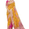 Yellow & Pink Banarasi Silk Saree with Unstitched Blouse Piece